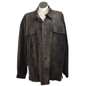 Mens Suede Shirt Jacket Dark Brown Full Button Casual Outerwear Size 2XL